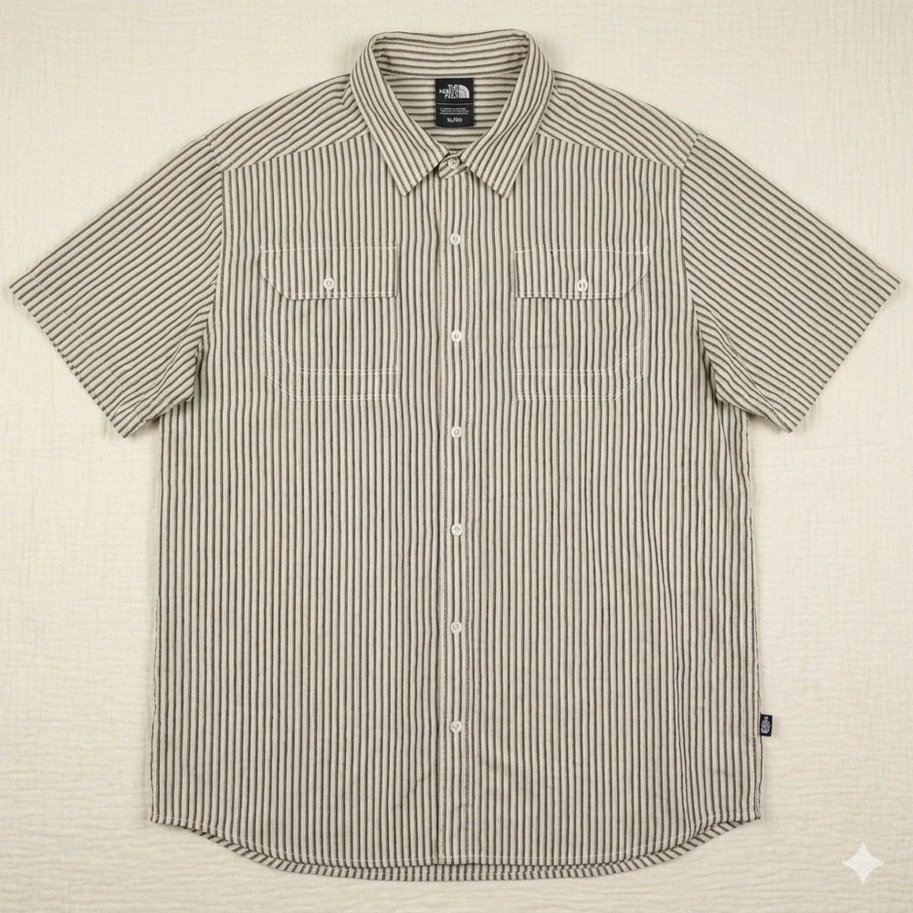 The North Face Mens XL‎ Striped Short Sleeve Button Down Shirt Tan Black White